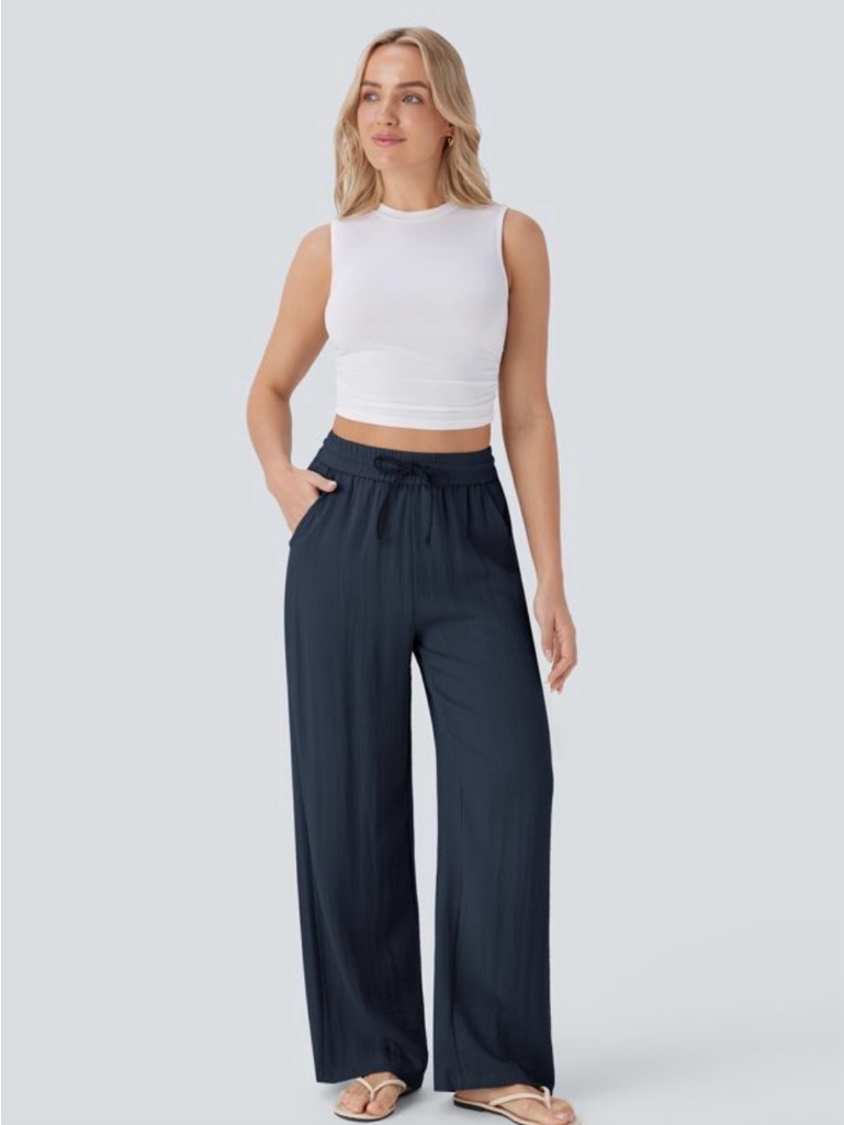 High Waisted Drawstring Pocket Wide Leg Casual Linen-Feel Pants